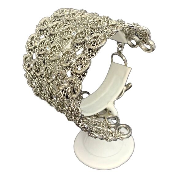 Jennifer Lopez Mesh Silver Tone Bracelet 7"-8" Icy Rhinestone JLO Wide Chain - Picture 4 of 9